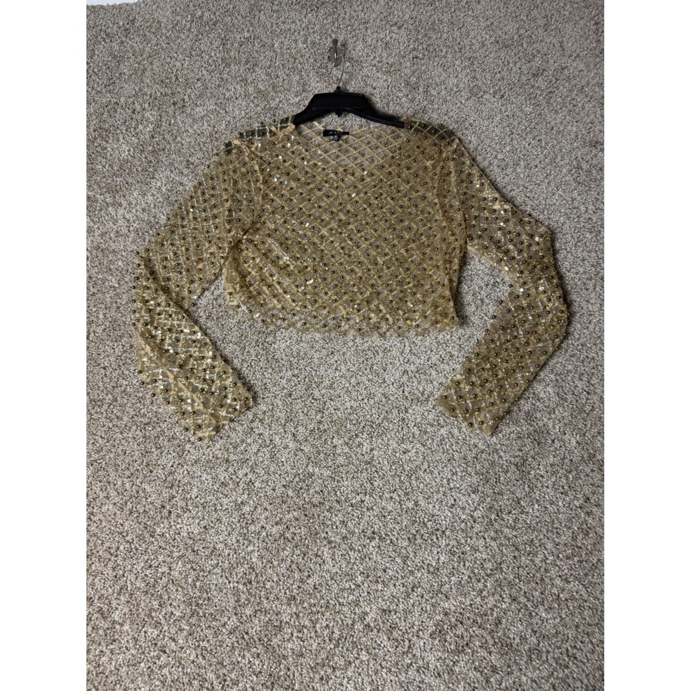 Julia by Love J Gold Mesh Sequin Studded Long Sleeve Crop Top Womens Medium